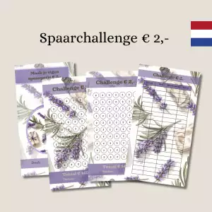 Digitale spaar challenge kaarten met lavendel achtergrond, spaarkaarten, kaarten, spaardoelen, zipper map, printbaar
